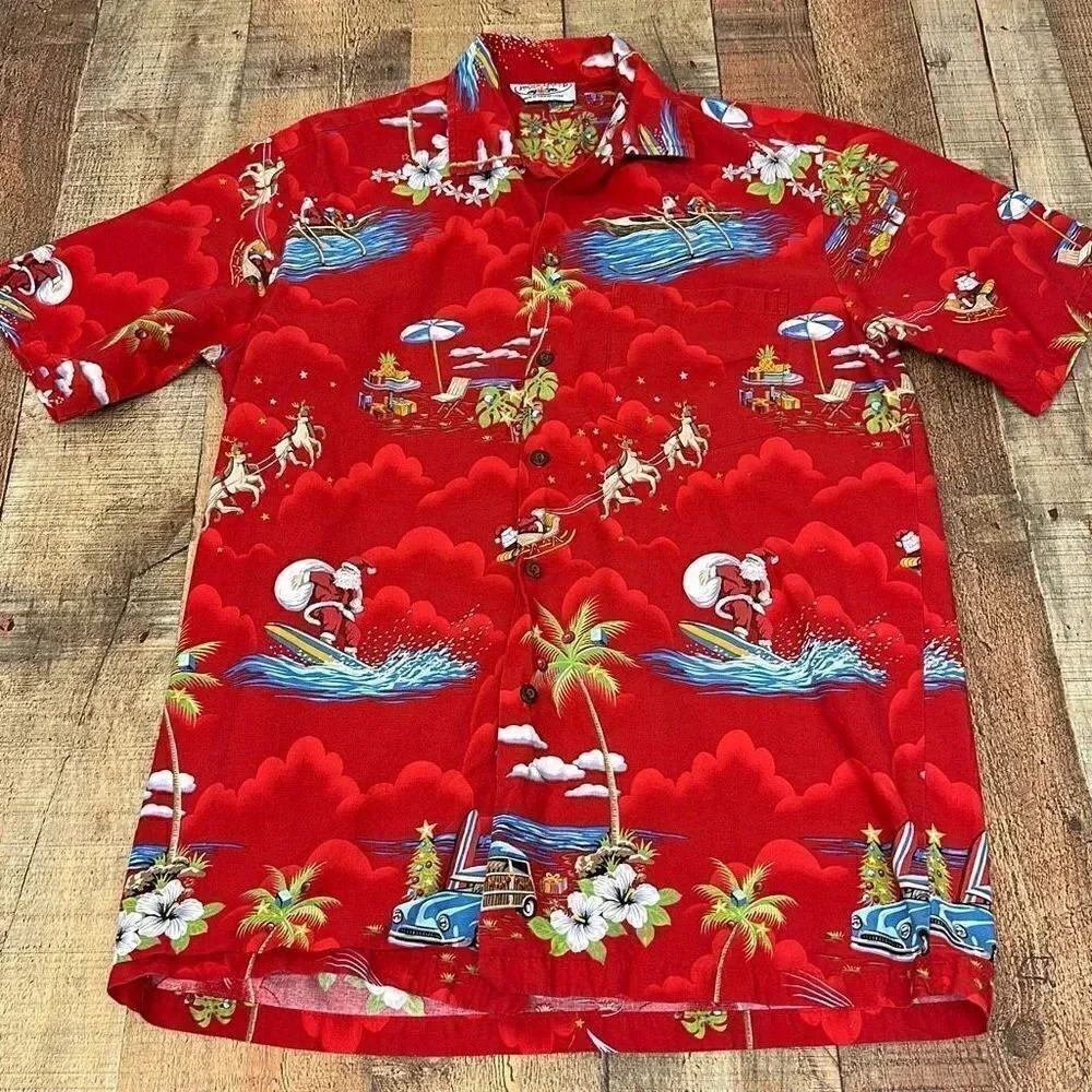 Pacific Legend Vintage Hawaiian Christmas Surfing Santa Button Down Shirt